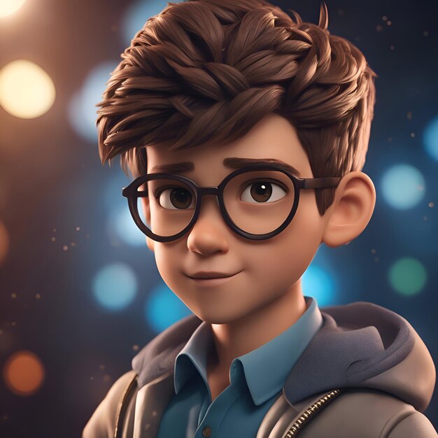 Retrato de un niño con gafas en un fondo oscuro renderizado en 3D