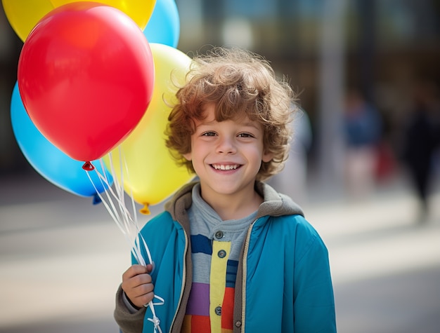 Foto gratuita retrato de un niño con globos