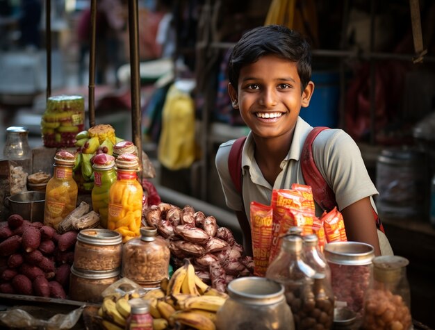 Retrato de niño indio en el bazar