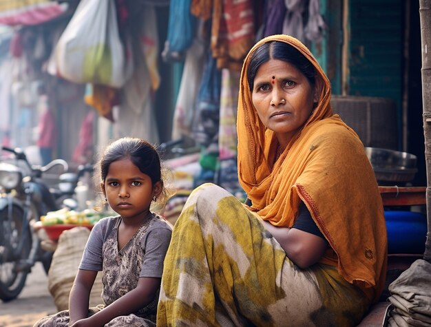 Retrato de niño indio con mamá