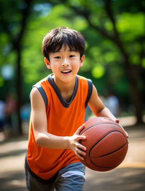 Retrato de un niño jugando al baloncesto