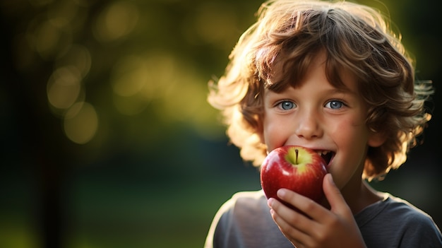 Foto gratuita retrato de un niño con una manzana