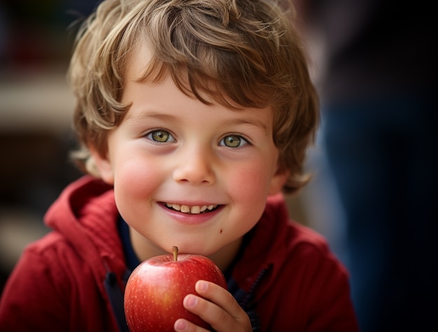 Foto gratuita retrato de un niño con una manzana