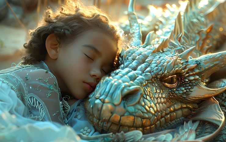 Foto gratuito retrato de un niño pequeño con un dragón mascota surrealista