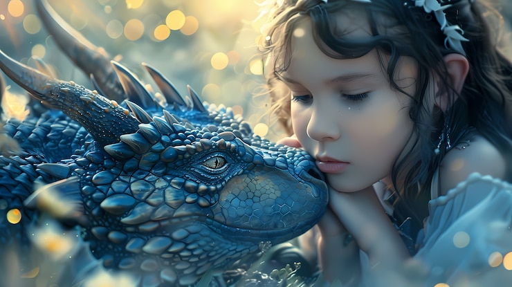 Foto gratuito retrato de un niño pequeño con un dragón mascota surrealista