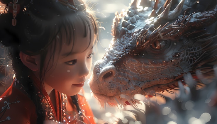 Foto gratuito retrato de un niño pequeño con un dragón mascota surrealista