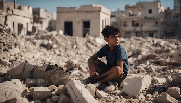 Foto gratuita retrato de un niño sentado en las ruinas de un viejo edificio