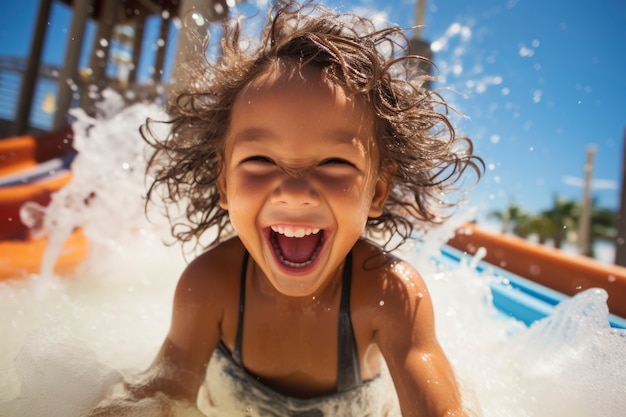 Retrato de niño sonriente en el tobogán de agua