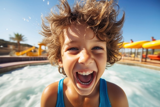 Retrato de niño sonriente en el tobogán de agua