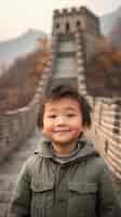 Foto gratuita retrato de un niño turista que visita la gran muralla de china