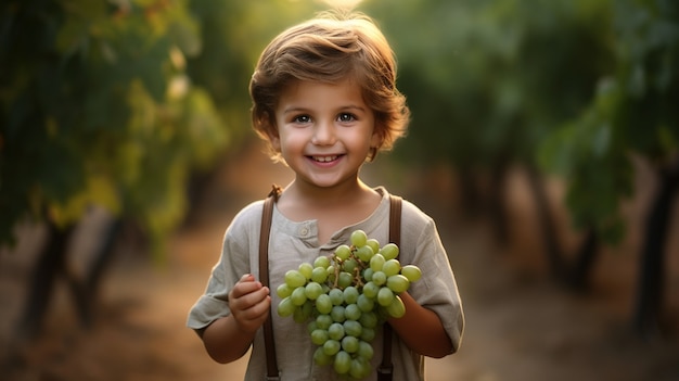 Foto gratuita retrato de un niño con uvas