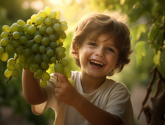 Foto gratuita retrato de un niño con uvas