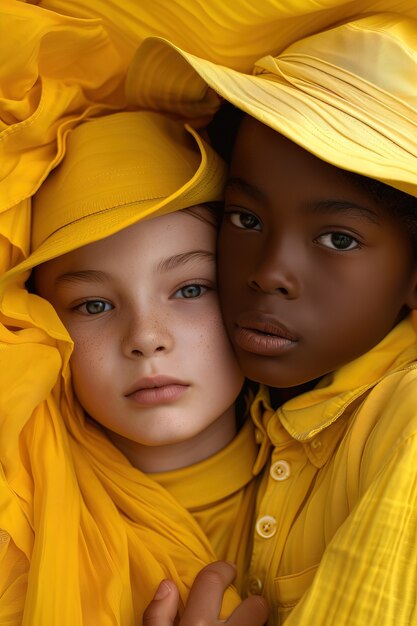 Retrato de niños vestidos de amarillo