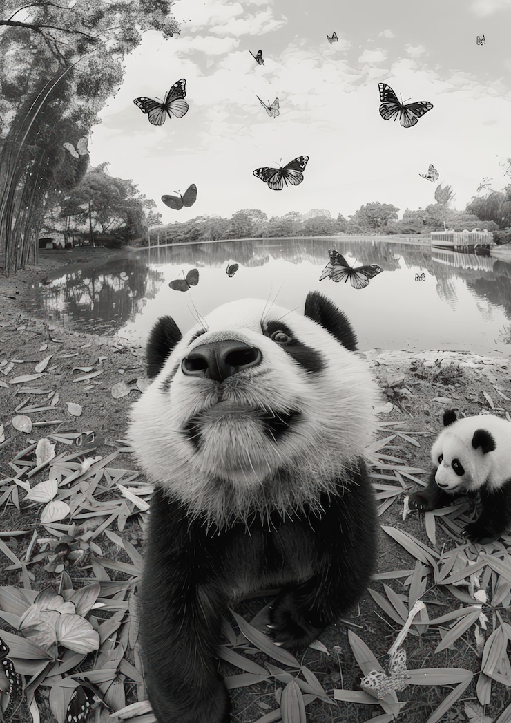 Foto gratuito retrato del oso panda en blanco y negro