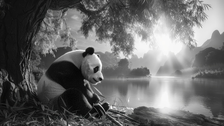 Foto gratuito retrato del oso panda en blanco y negro