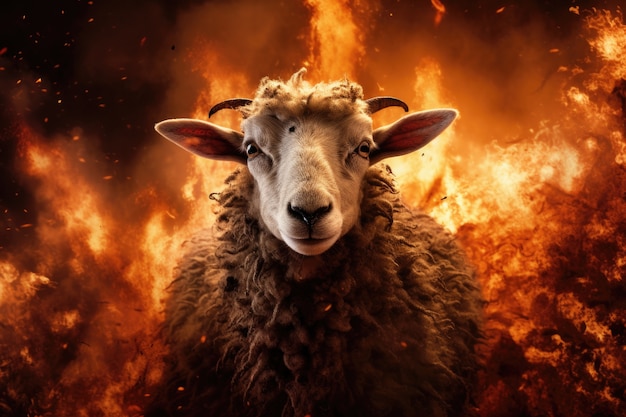 Retrato de ovejas con fuego ardiendo