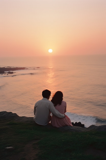 Foto gratuita retrato de una pareja afectuosa en la playa al atardecer