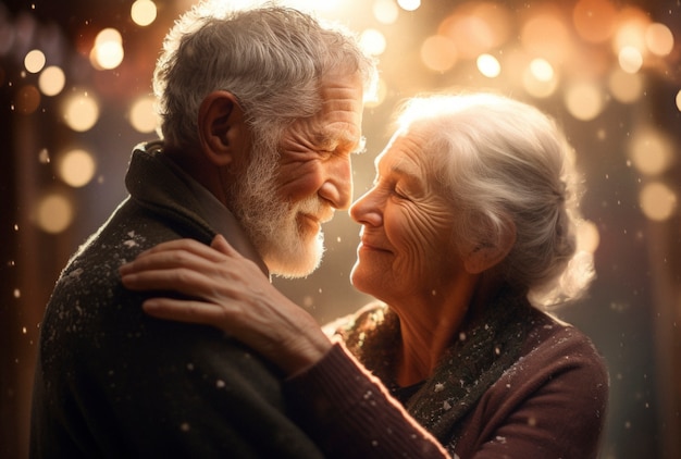 Retrato de una pareja de ancianos enamorados que muestran afecto
