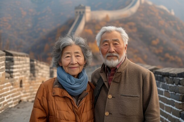 Retrato de una pareja de ancianos visitando la Gran Muralla de China