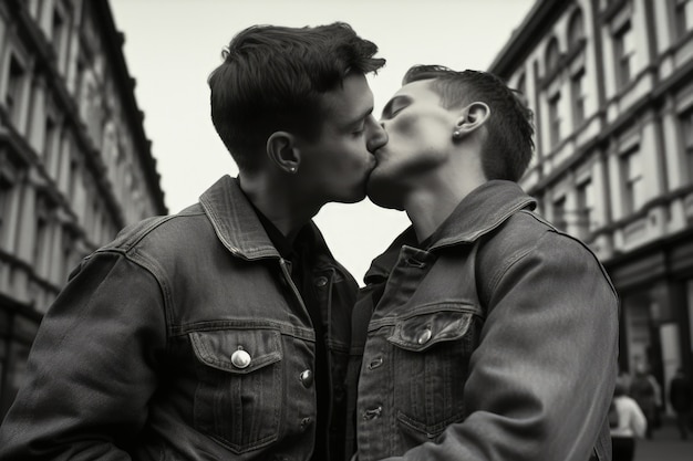 Retrato de pareja besándose en blanco y negro