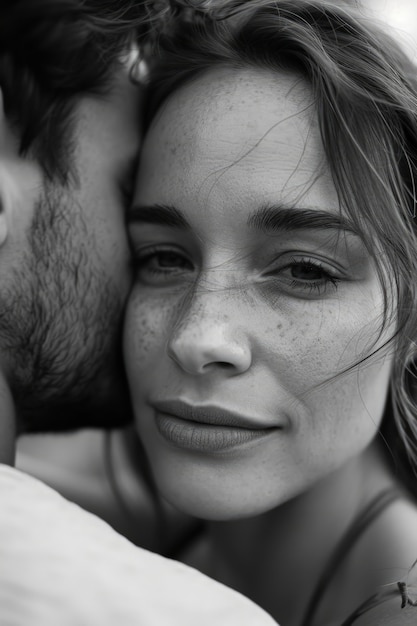 Foto gratuita retrato de pareja besándose en blanco y negro