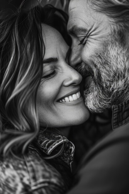 Retrato de pareja besándose en blanco y negro