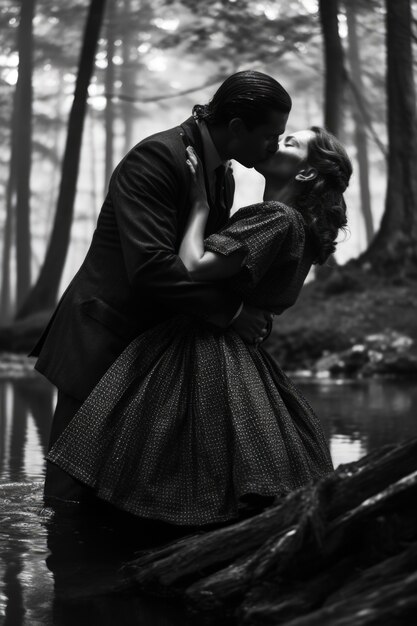 Retrato de pareja besándose en blanco y negro