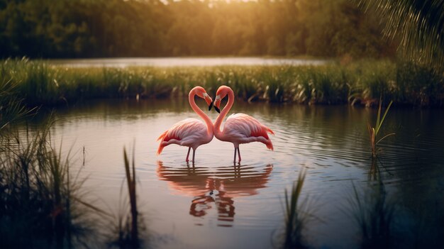 Retrato de una pareja de flamencos afectuosos