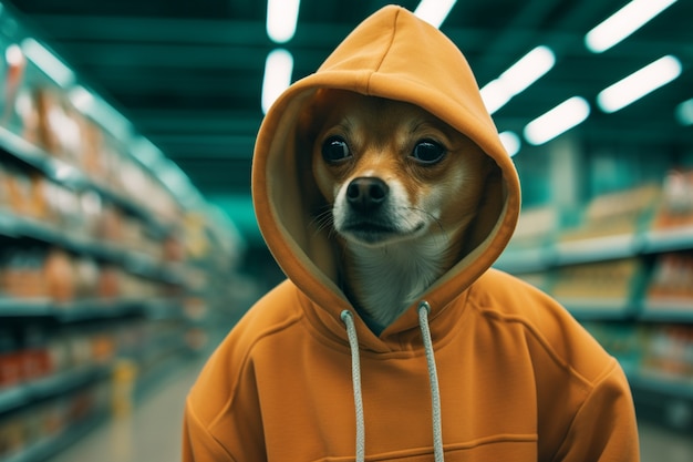 Retrato de un perro antropomórfico vestido con ropa humana