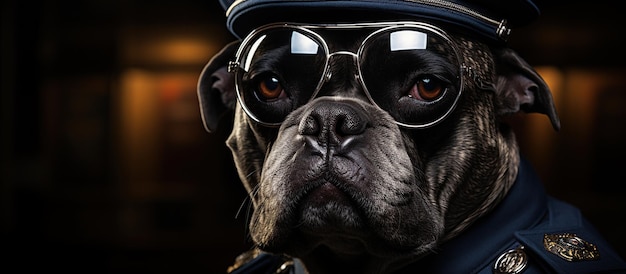 Retrato de un perro con uniforme de policía y gafas sobre fondo negro