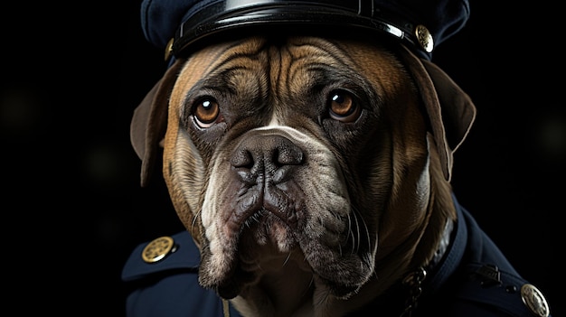 Retrato de un perro vestido como policía sobre fondo oscuro