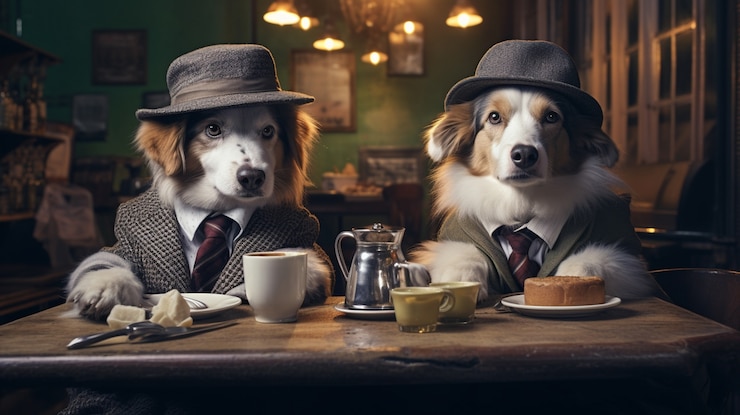 Foto gratuito retrato de perros antropomórficos vestidos con ropa humana