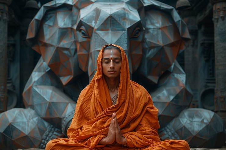 Foto gratuito retrato de una persona con un animal surrealista geométrico