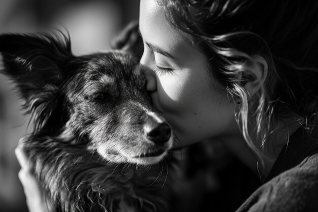 Retrato de persona besando a su mascota.