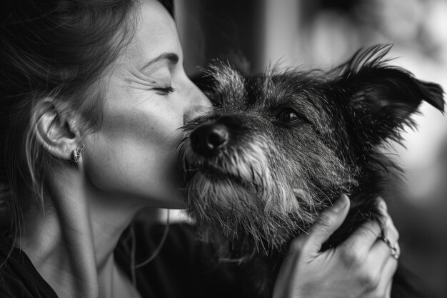 Retrato de persona besando a su mascota.