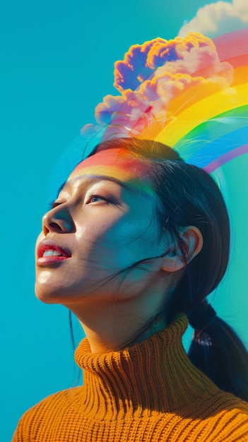 Foto gratuita retrato de persona con colores del arco iris que simbolizan los pensamientos del cerebro con tdah