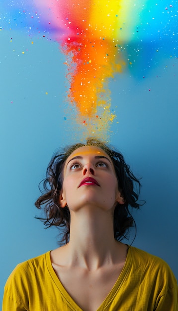 Foto gratuita retrato de persona con colores del arco iris que simbolizan los pensamientos del cerebro con tdah