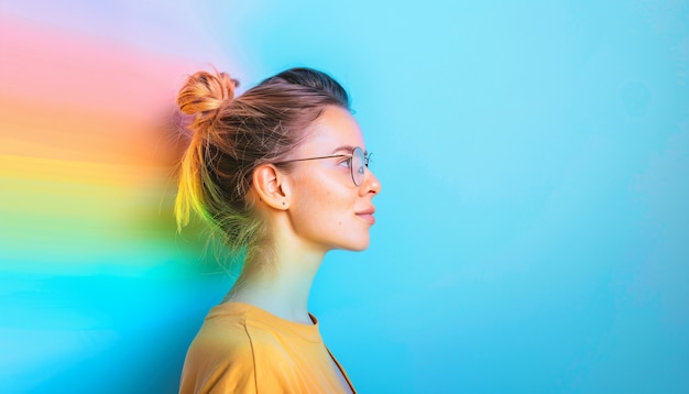 Foto gratuita retrato de persona con colores del arco iris que simbolizan los pensamientos del cerebro con tdah