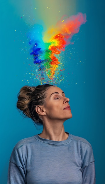 Foto gratuita retrato de persona con colores del arco iris que simbolizan los pensamientos del cerebro con tdah