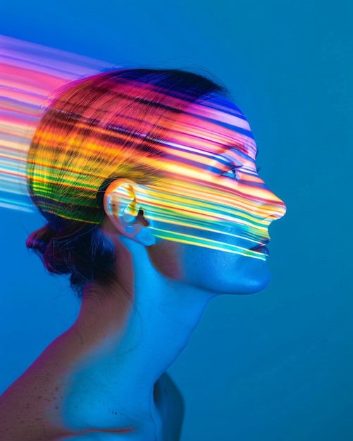 Foto gratuita retrato de persona con colores del arco iris que simbolizan los pensamientos del cerebro con tdah