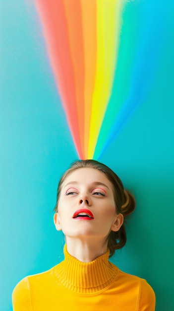 Foto gratuita retrato de persona con colores del arco iris que simbolizan los pensamientos del cerebro con tdah