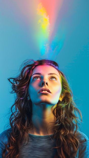 Foto gratuita retrato de persona con colores del arco iris que simbolizan los pensamientos del cerebro con tdah