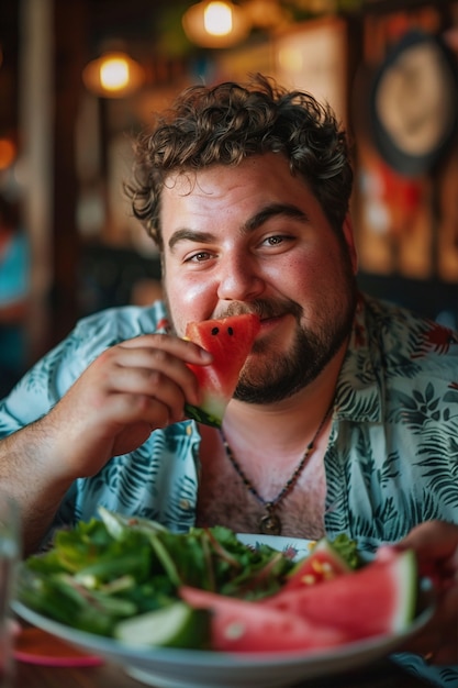 Foto gratuita retrato de una persona comiendo sandía