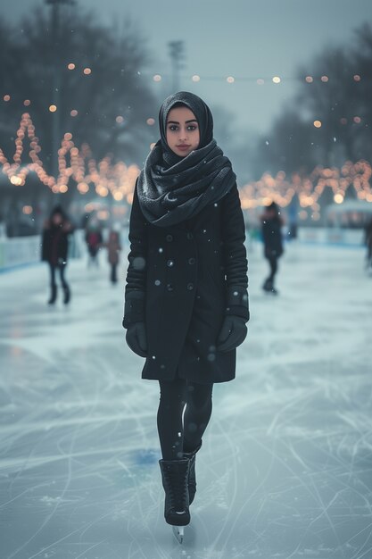 Retrato de una persona patinando sobre hielo al aire libre durante el invierno