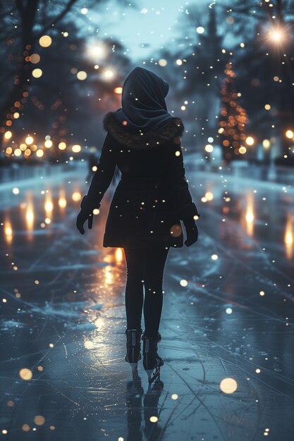 Retrato de una persona patinando sobre hielo al aire libre durante el invierno