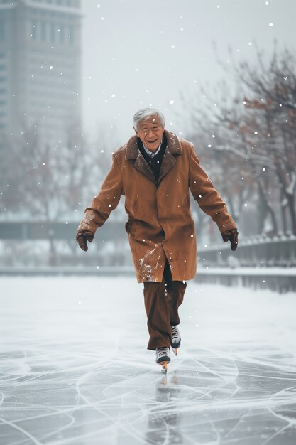 Retrato de una persona patinando sobre hielo al aire libre durante el invierno