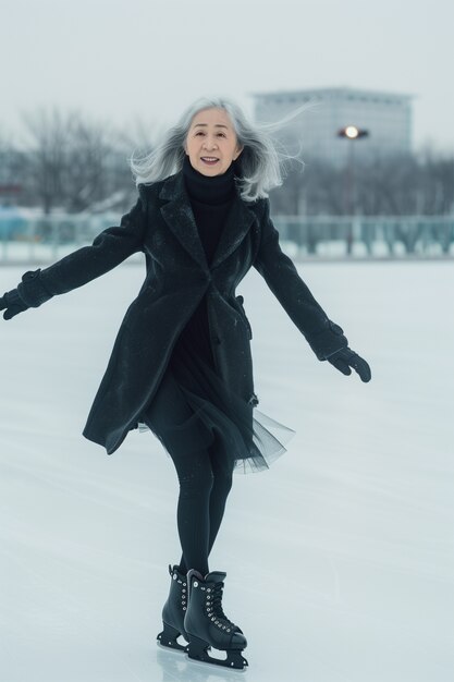 Retrato de una persona patinando sobre hielo al aire libre durante el invierno