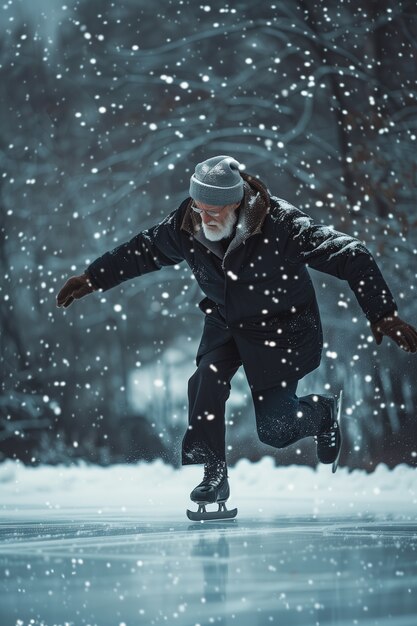 Retrato de una persona patinando sobre hielo al aire libre durante el invierno