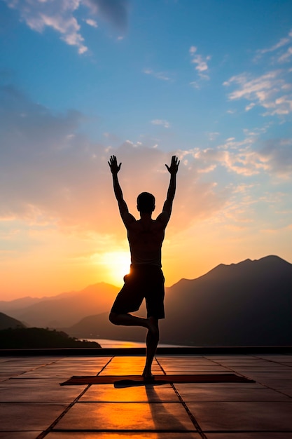 Retrato de una persona practicando yoga al atardecer