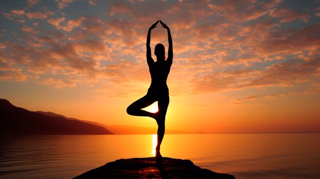 Retrato de una persona practicando yoga en la playa al atardecer